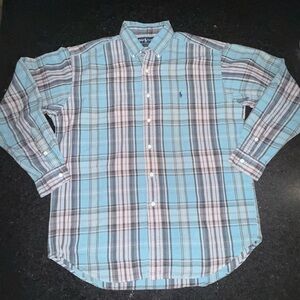 UEC Ralph Lauren BLAKE 100% COTTON BLUE GREY Plaid Shirt SZ LARGE